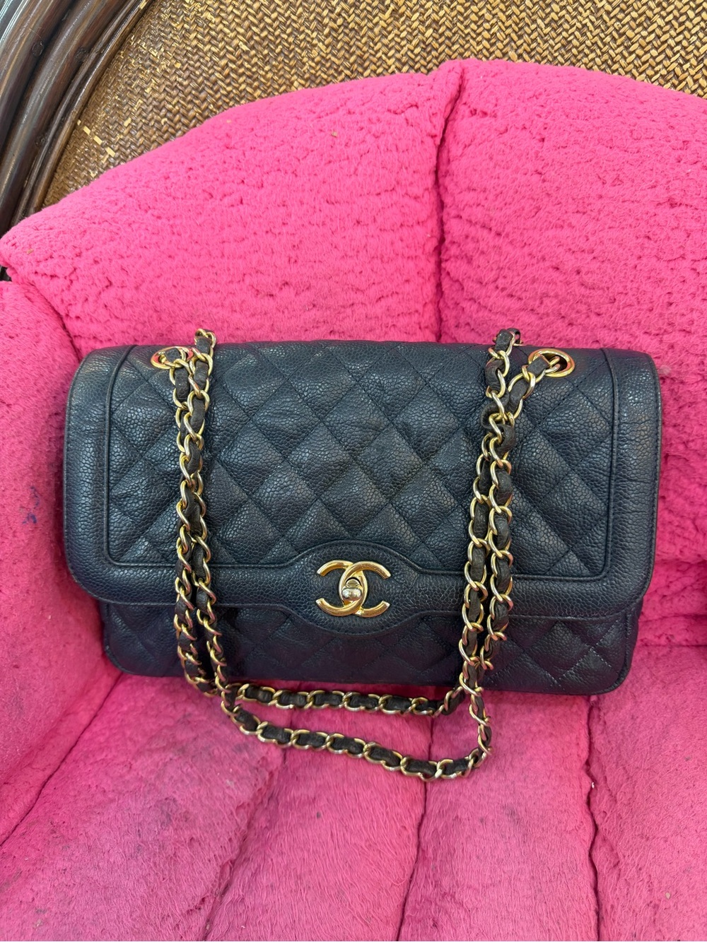 CHANEL Black Quilted Caviar Leather Shoulder Bag with Gold Hardware
